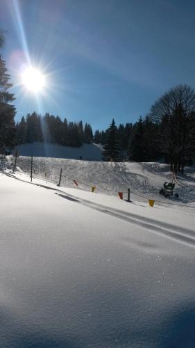 a snow covered road with the sun in the background at Alpenappartements Schwalbennestl in Mittenwald
