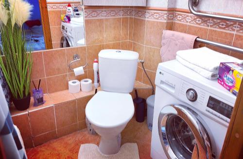 a bathroom with a toilet and a washing machine at EMVIKA apartament in Šiauliai