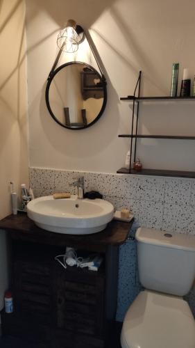 une salle de bain avec un lavabo, des toilettes et un miroir dans l'établissement Chez Fleur, au Grau-du-Roi