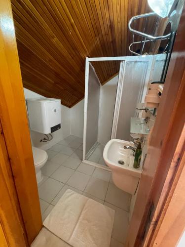 a small bathroom with a toilet and a sink at Bedesten Pansiyon in Çeşme