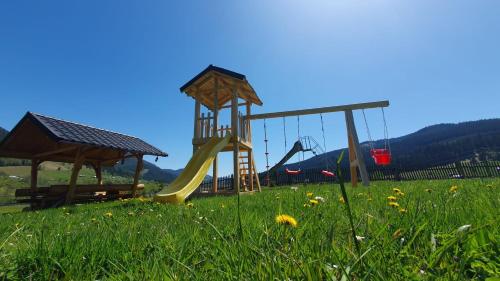 - une aire de jeux avec toboggan dans un champ d'herbe dans l'établissement Casa Viorica -Botoș, à Ciocăneşti