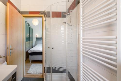 a bathroom with a shower and a glass door at Ferienwohnung Gabi in Malchow