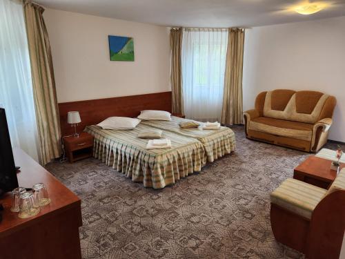 a hotel room with a bed and a chair at Casa Minerva in Buşteni