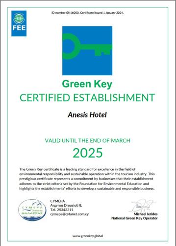 a screenshot of the green key certified establishment website at Anesis Hotel in Ayia Napa