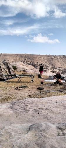 una persona de pie en un campo con una valla en family home Lodge en Dana