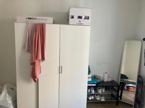 une armoire blanche dans une pièce avec un miroir dans l'établissement Paris12, à Paris
