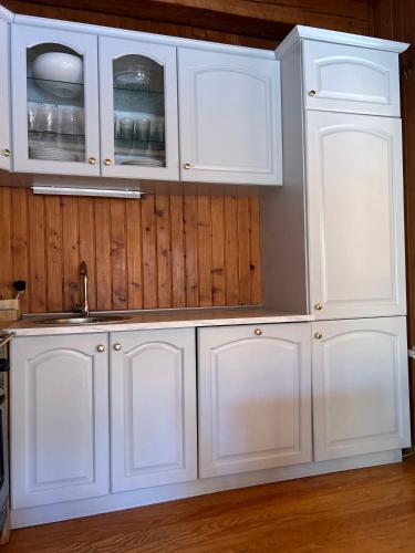 a kitchen with white cabinets and a sink at Vacation house Polane in Delnice