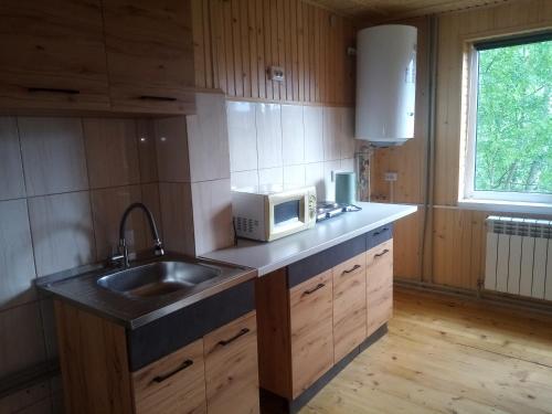 a kitchen with a sink and a microwave at Gutsulochka Apartment in Yaremche