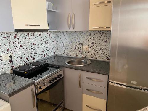 a small kitchen with a stove and a sink at Art comfort in Rustavi