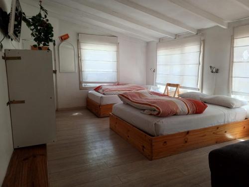 two beds in a room with two windows at Atatau hostel in La Paz