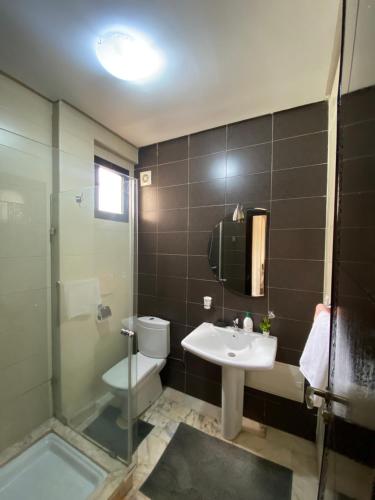 uma casa de banho com um lavatório, um WC e um chuveiro em Dar Yasmine em Marrakech