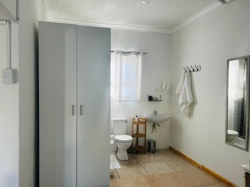 een witte badkamer met een toilet en een wastafel bij 50 on Alice in Koning Willemstad