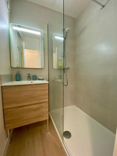une salle de bain avec une douche, un lavabo et un miroir dans l'établissement Magnifique et cosy appartement avec piscine et golf, à Lacanau-Océan
