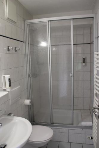 a bathroom with a shower and a toilet and a sink at Stadthotel Deggendorf in Deggendorf