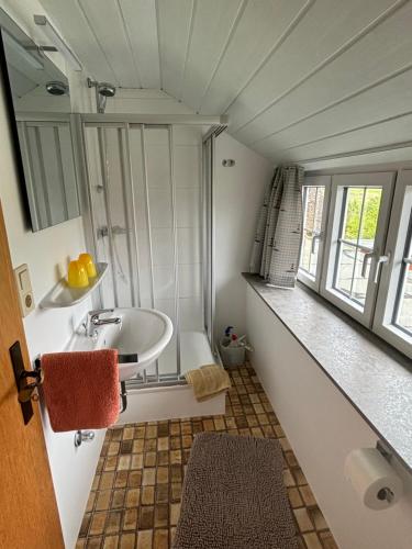 a bathroom with a sink and a mirror at Friesenhof Küper in Dagebüll