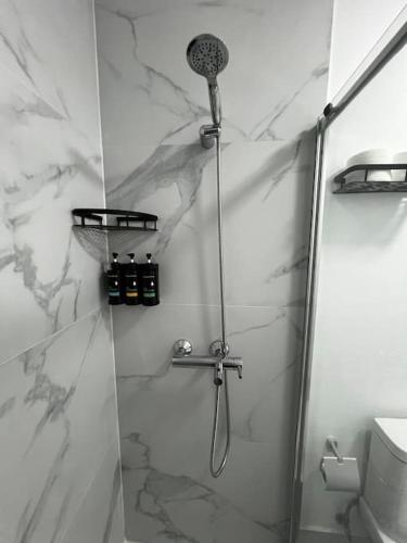 a bathroom with a shower with a glass door at Apartamento Matriz PVZ (T2) in Póvoa de Varzim