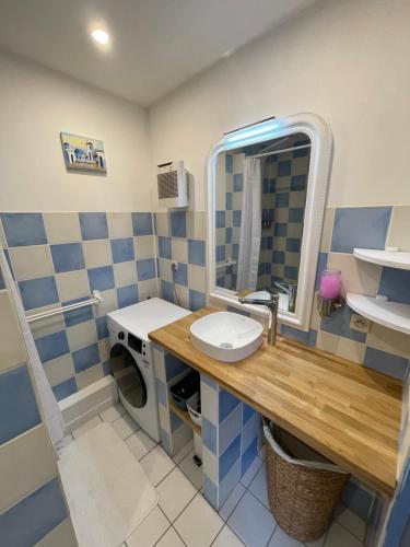 une salle de bain avec un lavabo et une machine à laver dans l'établissement Charmante Maison de village, à Livron-sur-Drôme