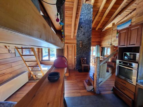una sala de estar de una casa pequeña con paredes de madera en Rocanegra Mountain Lodge en Las Trancas