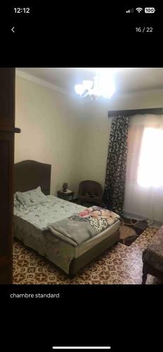 ein Schlafzimmer mit einem Bett, einem Fenster und einem Stuhl in der Unterkunft Chambre standard dans une maison in El Biar