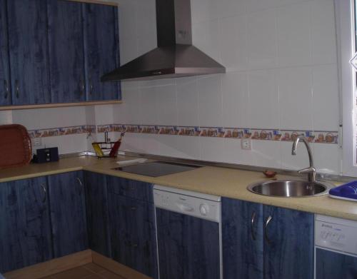 San Millán de Lara的住宿－San Pelayo，厨房配有蓝色橱柜和水槽
