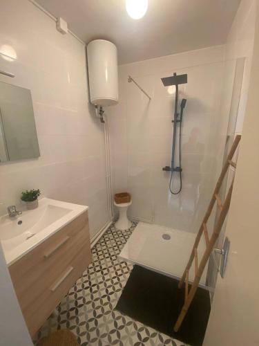 une salle de bain avec un lavabo, une douche et des toilettes dans l'établissement Appartement à 100m de la plage, à Saint Pierre La Mer