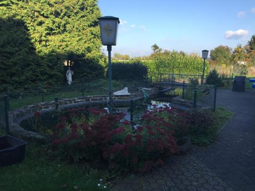 a garden with a pond with flowers and a street light at Hotel Görres in Wachtberg