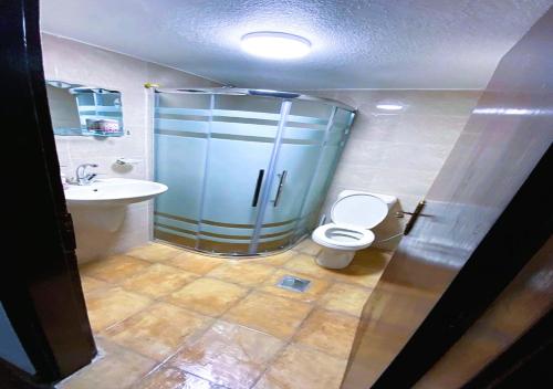 a bathroom with a shower and a toilet and a sink at kirakoupolis House & Restaurant in Kerak