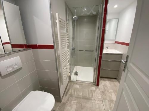 une salle de bain avec une douche, des toilettes et un lavabo dans l'établissement CELADON - Studio, Rez-de-Jardin, Proche Plage - U205, à Carnac