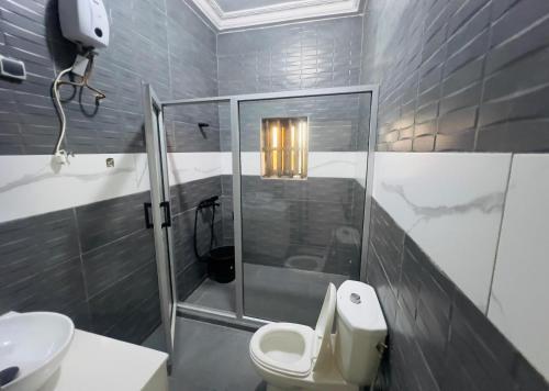 a bathroom with a shower and a toilet and a sink at Luxe Club in Cotonou