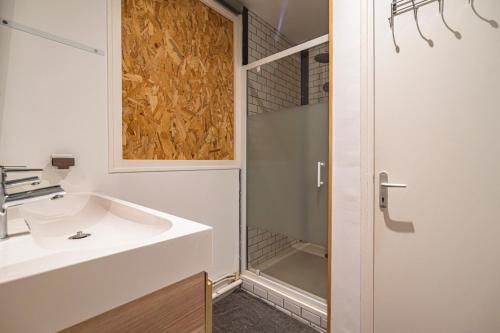 y baño con lavabo y ducha. en Aux Clefs des Sacres - La Terrasse de la Cathédrale, en Reims