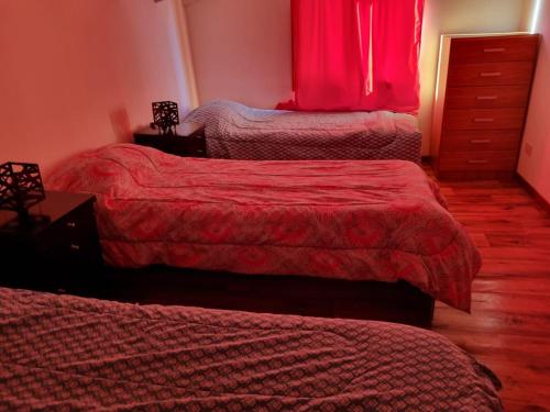- une chambre avec 3 lits et une fenêtre rouge dans l'établissement Cabaña Ceferino Ushuaia, à Ushuaia
