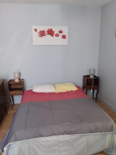 Ce lit se trouve dans une chambre dotée de 2 tables de chevet et de 2 tables. dans l'établissement Miloute à la Montagne, à Bagnères-de-Bigorre