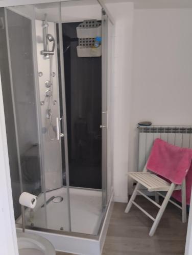 La salle de bains est pourvue d'une douche en verre et d'une chaise. dans l'établissement Miloute à la Montagne, à Bagnères-de-Bigorre