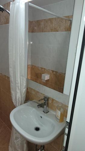 a white sink in a bathroom with a shower at Strumyani tiny flat in Sandanski
