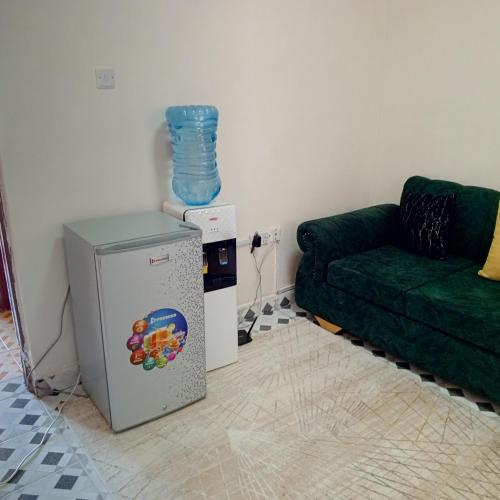 a living room with a refrigerator and a green couch at Nakuru Residential and Fully Furnished apartments in Nakuru