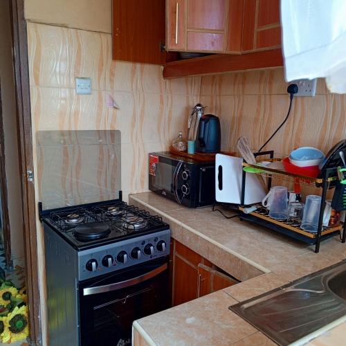 a kitchen with a stove and a microwave at Nakuru Residential and Fully Furnished apartments in Nakuru