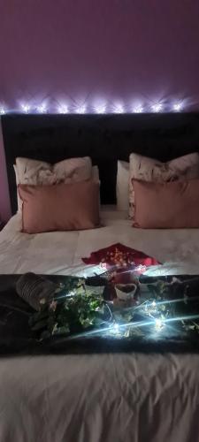 a tray of food on a bed with lights at Mosswood Bed & Breakfast in Graskop