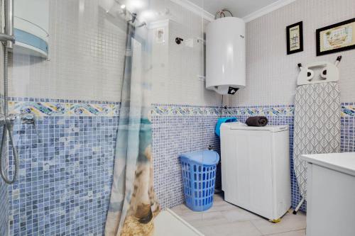 La salle de bains est pourvue d'une douche avec un chien. dans l'établissement Capela de Steram Flats Torremolinos, à Torremolinos