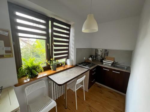 uma pequena cozinha com uma mesa e uma janela em Pokoje gościnne u Doroty em Kazimierz Dolny