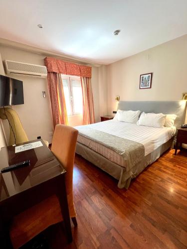 a hotel room with a bed and a desk and a desk at Carlos V Malaga in Málaga