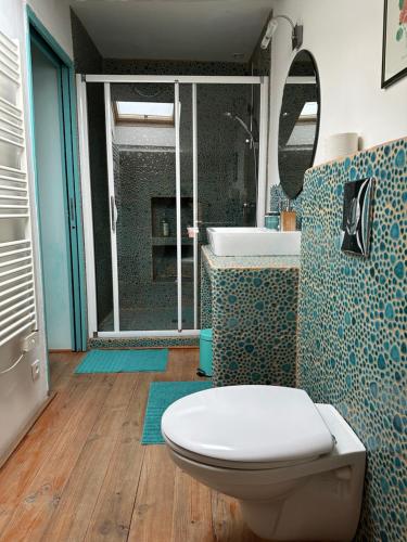 une salle de bain avec toilettes, lavabo et douche dans l'établissement Sûn Chambres d'hôtes, à Rabastens