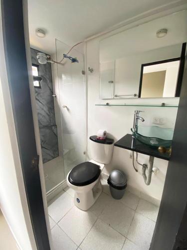 a bathroom with a shower and a toilet and a sink at 33 Hotel Bulerias in Medellín