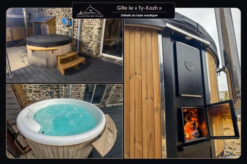 un collage de dos fotos de una bañera con chimenea en Aux portes de la baie - Vieux-Viel, en Vieux-Viel