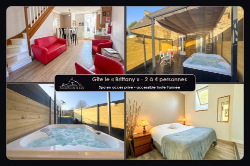 un collage de tres fotos de una habitación de hotel con bañera de hidromasaje en Aux portes de la baie - Vieux-Viel, en Vieux-Viel