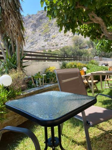a glass table and a chair in a garden at Stelios Studios Sougia in Sougia