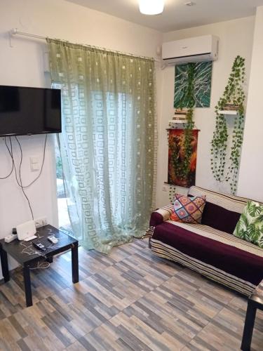 een woonkamer met een bank en een tv bij Panda apartment in Thessaloniki