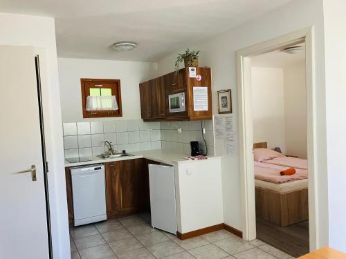eine kleine Küche mit einem Waschbecken und einem Bett in der Unterkunft Polzer CAMPING BÜKFÜRDŐ in Bük