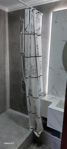 a shower curtain in a bathroom next to a sink at Hotel Relax in Leova