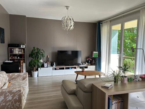 un salon avec un canapé et une télévision dans l'établissement Summer - appartement 20 mins to Paris - JO 2024, à Ermont