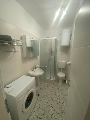 uma casa de banho com um lavatório e uma máquina de lavar roupa em Apartment Neno 2 em Senj